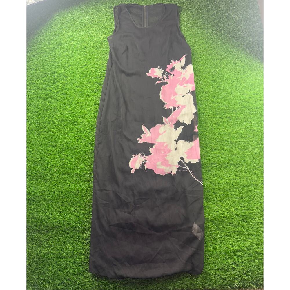 Womens Sz L Black Sleeveless Maxi Dress Pink Floral Print Evening Formal Elegant